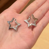 Daiiibabyyy  Fashion Silver Color Six Pointed Star Hoop Earrings For Women Simple Crystal Asymmetric Star Round Huggies Earrings Jewelry