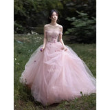 Daiiibabyyy  Fairy Blush Pink Wedding Dresses Off Shoulder Tulle A-Line Photos Shoot Dresses Bridal Dress Elegant Prom Gowns Customized