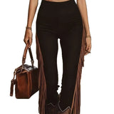 Daiiibabyyy  Women Flare Pants Black High Waist Mid Weight Western Style Fringe Flared Trousers Side Fringe Long Wide Leg Pants