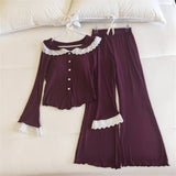 Daiiibabyyy  Lace Sleepwear Women Pajamas Set with Pad Spring Piiama Korean Casual Home Wear New Button Long Sleeve Sets 2 Pieces Night Wears
