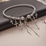 Daiiibabyyy  Cross Rivet Tassel Pearl Beaded Choker Women Cool Trendy Gothic Style Necklace y2k Fashion Jewelry