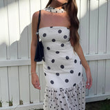 Daiiibabyyy  Sexy Strapless Match Scarf Women Long Dress Elegant Mesh Patchwork Hem Maxi Dress Fashion Polka Dot Print Sleeveless Party Dress