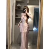 Daiiibabyyy  Vintage French Pink Dresses for Women Summer Jacquard Lace Sexy Spaghttti Strap Dress Party Night Robe Rose Fairy Vestidos