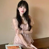 DAIIIBABYYY  -  French Satin Spliced Lace Polka Dot Dress For Women Summer Gentle Elegant Temperament Slim Style Mesh Long Dresses Show Waist