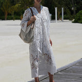 DAIIIBABYYY  -  Summer Casual 3/4 Sleeve Solid Maxi Dress Spring Elegant V-neck Loose Long Dress 2025 Women's Sexy Lace Embroidered Party Dress