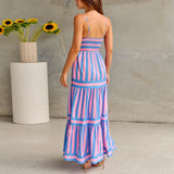 Daiiibabyyy Women Fashion Boho Colorful Spaghetti Strap Dress Summer Vacation Beach Long Sundress Striped Flowy Cami Maxi Dress Vestidos