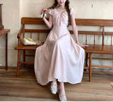 Daiiibabyyy  Women's Clothing French Style V-Neck Long Dress Stylish Drawstring Bow Summer Short Sleeve Vintage Elegant A-Line Waist Dresses