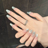 Daiiibabyyy  10pcs Hand-carved 3D Ice Flower Press On Nails Light Blue French Style Cat Eye Handmade False Nail Ins Charm Wearable Fake Nail