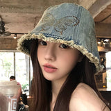 DAIIIBABYYY  -  High Quality Bow Hot Diamond Design Denim Bucket Hat Women Spring and Summer Personality Trend Rough Edge Design Basin Cap