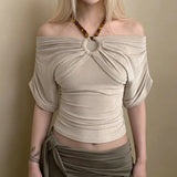 Daiiibabyyy  Short Sleeve Blouse For Woman Off Shoulder T-shirt Top Fitted Square Neck Tops Vintage Crop Top Beige Ruched Ribbed Knit