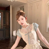 Daiiibabyyy  New French Slim Fit Lolita Neta Shirt Coarse Floral Blue Velvet Patchwork Lace Bow Short Sleeved Top Women
