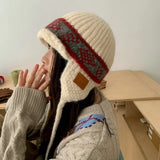 Daiiibabyyy  Japanese Ethnic Style Jacquard Knitted Ear Protection Beanie Cap for Men and Women Winter Warm Versatile Lace-up Bomber Hats