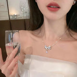 DAIIIBABYYY  -  Fairy Pink Crystal Bow Knot Pendant Necklaces Y2K Girls Sweet Rhinestone Heart Clavicle Chain for Women Fashion Jewelry Gifts