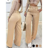 Daiiibabyyy  Officewear Pants Elegant Double Button Trousers Relaxed Commuting Straight Culottes Lightweight Pleated Flared Slacks