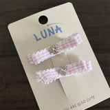 DAIIIBABYYY  -  Pink Fresh Plaid Rhinestone Bow Barrettes Sweet Cute a Pair of Hairclips All-Match Bangs a Pair of Hairclips Hair AccessoriesNew