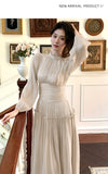 Daiiibabyyy  Autumn Light Luxury Pleated Waist Cinched Long Bubble Sleeve Dress A-line Casual Nail Bead Vintage French Style Party Dresses