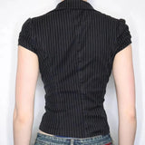 Daiiibabyyy  Sexy Deep V Neck Striped Shirt Women Black Two Button Cardigan Waist Cinched Summer Short Top Fashionable Casual Commuting Basic