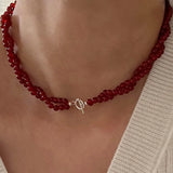 Daiiibabyyy  Handmade Red Color Agate Natural Stone Twist Rope Chain Double Layers Beaded Necklace for Women Silver Toggle Clasp Choker