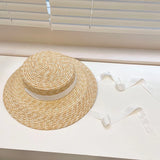 Daiiibabyyy  Fashion Women Summer Hat Wide Brim Beach Hat Ribbon Tie Wheat Straw Hat Outdoorsman Boater Hat Sun Protective Panama