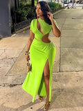 Daiiibabyyy  Women's Asymmetrical Hollow Out Ruched High Slit Cutout Fitted Dress Mint Green