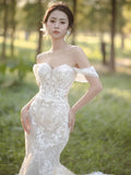 Daiiibabyyy  Elegant Off Shoulder Wedding Dress Women Sweetheart Strapless Lace Embroidered Mermaid Bridal Dress Vestidos De Novia Customized