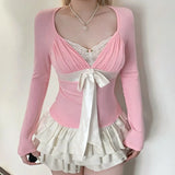 Daiiibabyyy  Fashion Sexy Sweet Bow Tie with Pink Long Sleeved T-shirt Slim Fit Slimming Spicy Girl Base Top