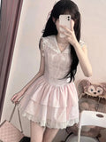 DAIIIBABYYY  -  Sweet Slim Pink Dress Women Cute Preppy Style Sailor Collar Mini Dress Casual Retro Japan Lace Patchwork Kawaii Cake Dress