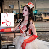 Daiiibabyyy  Sexy Maid Costume Set Halloween Sweetheart Nurse Lace Strap Mesh Pure Desire Puffy Skirt Two-Piece Suit for Women