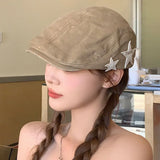 Daiiibabyyy  Women's American Retro Star Beret British Style Casual Newsboy Cap Simple Face Slimming Hat Classic Artist Flat Paperboy Cap