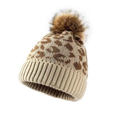 Daiiibabyyy  Trendy Thickened Leopard Print Hat Cozy Curled Edge Wool Ball Hat Warmth Knitted Hat Autumn Winter Outdoor Wear