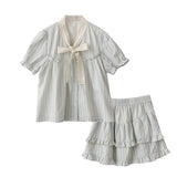 DAIIIBABYYY  -  Sweet Girl Lace Spliced Bow Vertical Striped Short-sleeevd Shirts + Summer High Waist Fungus Edged Short Skirts Two-piece Set