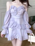 DAIIIBABYYY  -  Purple Off Shoulder Kawaii Dress for Women Summer Slim Ruffle Patchwork Sweet Party Female Korean Sexy Fairy Mini Dresses