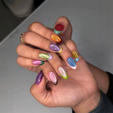 Daiiibabyyy  24pcs Retro Color Blocked Cat's Eye Press On Nails Colorful Short Almond French Style False Nails Ins Simple Acrylic Fake Nail