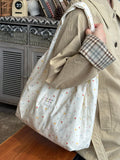 Daiiibabyyy  Women's Tote Bags Korean Floral Sweet Fashionable Versatile Canvas Bags New Large Capacity Commuting Shoulder Bags For Girl