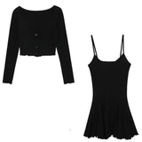 Daiiibabyyy  Two Piece Sets Women Clothing Sun Protection Crop Korean Cardigan + Fashion A-Line Mini Slip Dress Autumn Y2k Solid Color Suit