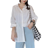 DAIIIBABYYY  -  Temperament Collar Shirt Women's Single Breasted Simple and Versatile Dark Striped Long Sleeved Shirt