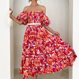 Daiiibabyyy  Casual Women Sweet Spring Puff Short Sleeve Party Dress 2025 Female Big Hem Dress Elegant One Shoulder Floral Print Long Dress
