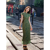 Daiiibabyyy  Modern Chinese Floral Qipao Dress Women Spring Summer Hollow-Out Vintage Cheongsam Slim Fit Elegant National Style Midi Dress