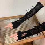 Daiiibabyyy -  Y2K Fingerless Strapping Gloves Lace Gothic DIY Sunscreen Sleeve Women Lolita Clothing Accessories Mesh Punk Gloves