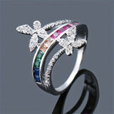 Daiiibabyyy  Small Square Stone Rainbow Zircon Double Butterfly Rings For Women Gold Silver Color Wedding Bands Engagement Party Jewelry Gift