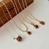 Daiiibabyyy  Maillard Brown Natural Stone Pendant Necklace for Women Oval Opal Gold Color Charm Sweater Chain Chokers French Elegance Jewelry