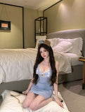 Daiiibabyyy  Sexy Waist-hugging and Slim Hollow Suspender Pure Ruffle Edge Patchwork Dress