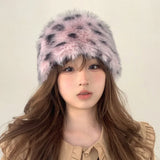 Daiiibabyyy Retro Hot Girl Leopard Plush Bucket Hats Women Autumn and Winter Imitation Fur Thickened Thermal Pullover Fashiona Basin Cap