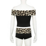 Daiiibabyyy 2024 Summer Leopard Patchwork Sexy Spicy Girls Slim 2 Piece Set Women Slash Neck Long Sleeve Crop Top Low Waist Skinny Shorts