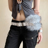 Daiiibabyyy  Vintage PU Leather Leather Fur Belt Faux Fur Spicy Girl Style Furry Waistband Korean Style Punk Y2K Waistband Daily