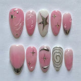 Daiiibabyyy  24Pcs Mid-length Almond Fake Nails Press on With Flower Design False Nail Swan Strawberry Pattern Reusable Full Cover Nails Tips
