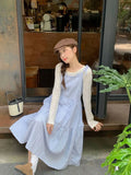 Daiiibabyyy  Korean Style Dress Set Women Spring Gentle Long Plaid Slip Dress Layered Lace Long Sleeve T-shirt Two Piece Set Women Outfits