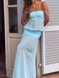 Daiiibabyyy  Women's Sexy Sleeveless Mesh Patchwork Solid Gowns Fashion Hight Waist Vacation Long Dress Elegant Off Shoulder Suspenders Dress