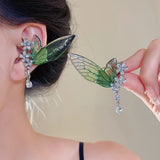 Daiiibabyyy  Exquisite Green Elf Ear Clip Shiny Butterfly Wings Rhinestone Crystal Flower Clip Earrings Tassel Waterdrop Forest Jewelry New