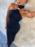 Daiiibabyyy  Women's Black One-Shoulder Choker Neck Bodycon Maxi Dress with Metal Accent